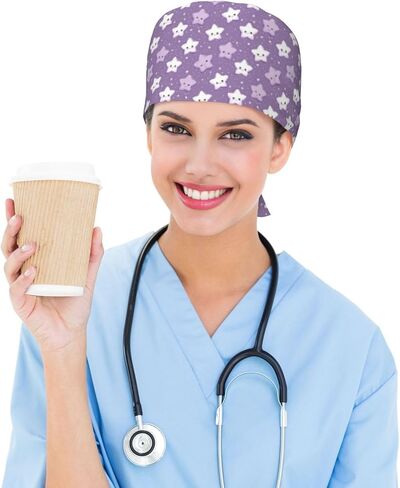 Lavender Purple Cute Star Print Scrub Caps Women Men, Nurse Cap Surgical Caps Scrub Hats for Women Men, Adjustable Working Cap with Sweatband in Kuwait