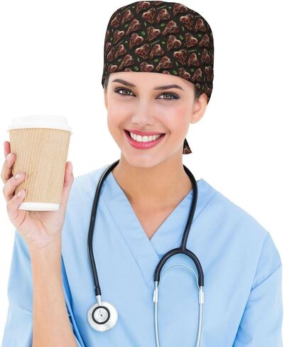 واقعية ستيك عشب طباعة قبعات فرك النساء الرجال، قبعة ممرضة الجراحية قبعات فرك القبعات للنساء الرجال، قبعة عمل قابلة للتعديل مع العصابة السوداء in Kuwait