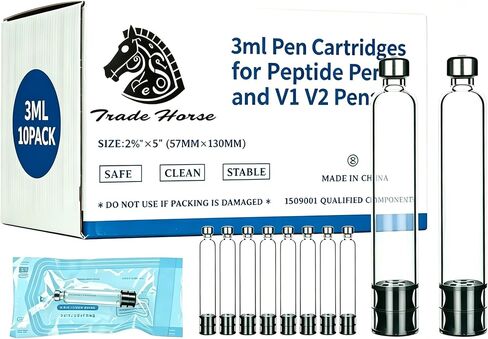 3ml Pen Cartridges for Peptide Pen, 10 Pack 3cc Empty Glass Cartridge for V1 V2 Pens Peptide, 11mm Long Stopper,Individually Wrapped in Kuwait