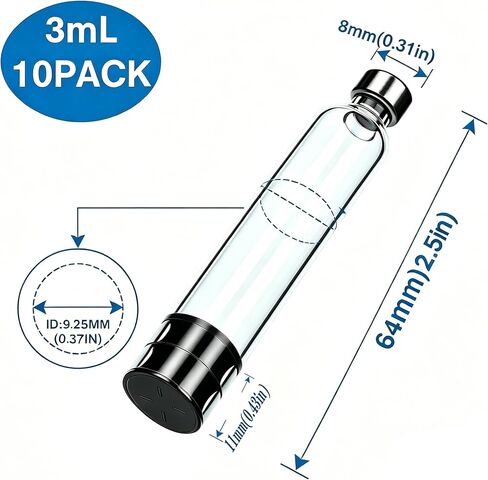 3ml Pen Cartridges for Peptide Pen, 10 Pack 3cc Empty Glass Cartridge for V1 V2 Pens Peptide, 11mm Long Stopper,Individually Wrapped in Kuwait
