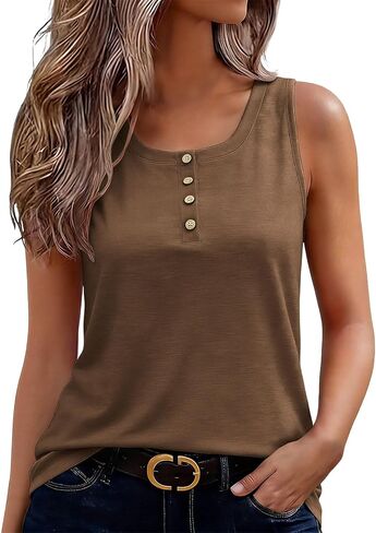 HGps8w Henley Neck Tank Tops for Women Summer Loose Crewneck Sleeveless Going Out Casual Workout T-Shirts in Kuwait