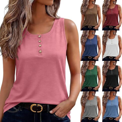 HGps8w Henley Neck Tank Tops for Women Summer Loose Crewneck Sleeveless Going Out Casual Workout T-Shirts in Kuwait