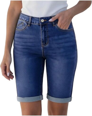 شورتات جينز نسائية عالية الخصر بسط برمودا Jorts مطوية هيم الدينيم السراويل الصيف سراويل قصيرة الجينز in Kuwait