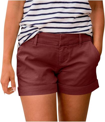 Women’s Casual Cotton Rolled Hem Shorts with Belt Loops and Front Pockets for Everyday Wear in Kuwait