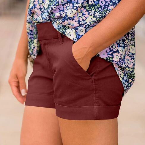 Women’s Casual Cotton Rolled Hem Shorts with Belt Loops and Front Pockets for Everyday Wear in Kuwait