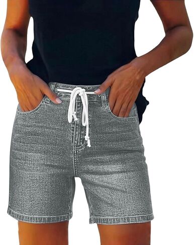 شورت جينز للنساء برباط عالي الخصر من قماش الدنيم Jorts صيفي بخصر مطاطي قصير مع جيوب in Kuwait