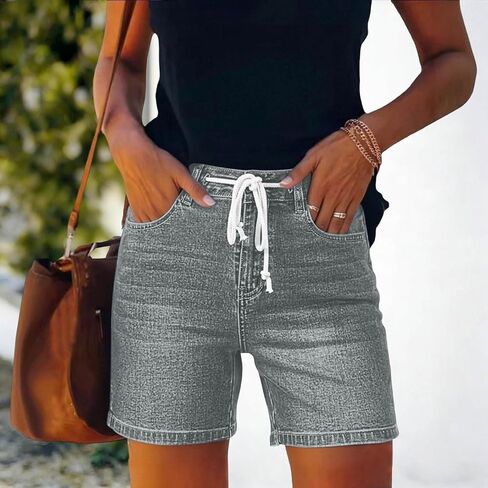 شورت جينز للنساء برباط عالي الخصر من قماش الدنيم Jorts صيفي بخصر مطاطي قصير مع جيوب in Kuwait