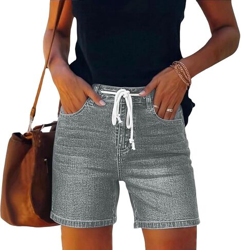شورت جينز للنساء برباط عالي الخصر من قماش الدنيم Jorts صيفي بخصر مطاطي قصير مع جيوب in Kuwait