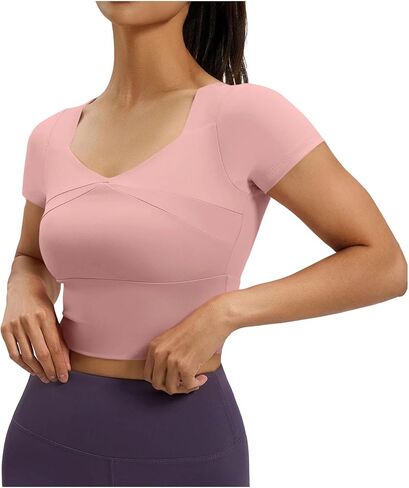 Womens Built in Bra Yoga Crop Top Short Sleeve Square Neck Fitted Shirts Breathable Athletic Gym Sports Tops in Kuwait