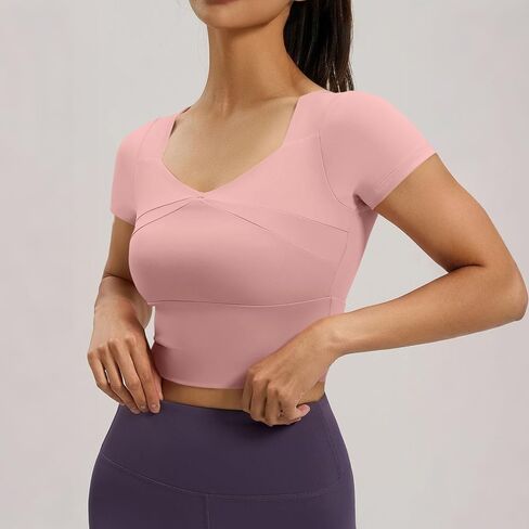 Womens Built in Bra Yoga Crop Top Short Sleeve Square Neck Fitted Shirts Breathable Athletic Gym Sports Tops in Kuwait