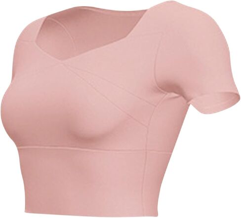 Womens Built in Bra Yoga Crop Top Short Sleeve Square Neck Fitted Shirts Breathable Athletic Gym Sports Tops in Kuwait