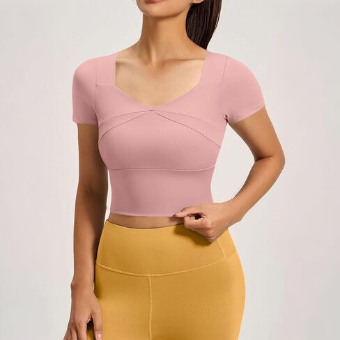 Womens Built in Bra Yoga Crop Top Short Sleeve Square Neck Fitted Shirts Breathable Athletic Gym Sports Tops in Kuwait
