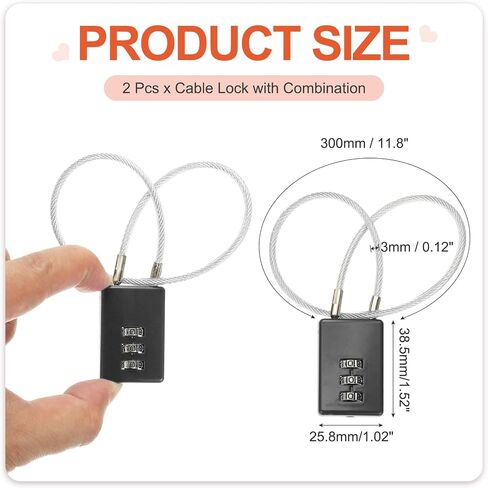 PATIKIL 3 Digit Cable Combination Lock, 2 Pcs Cable Lock with Combination 11.8" Steel Rope for Gym Bikes Cabinets Wardrobes Small Fences, Black in Kuwait