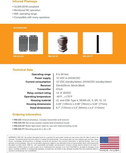 EMX IRB-325 UL325 من خلال شعاع الأشعة تحت الحمراء Photoeye زوج 65 قدم المدى NEMA 4X in Kuwait