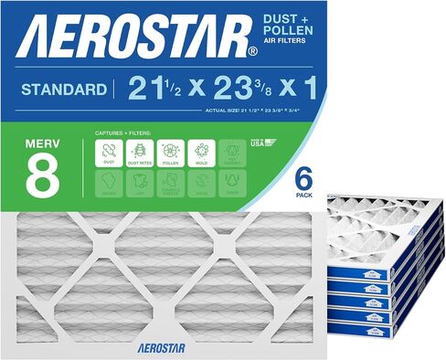 Aerostar 21 1/2x23 3/8x1 MERV 8 فلتر هواء مطوي عالي الكفاءة، 6 عبوات، استبدال فرن التيار المتردد الكهروستاتيكي، يلتقط الغبار وحبوب اللقاح ووبر الحيوانات الأليفة (21.5x23.375x0.75) in Kuwait