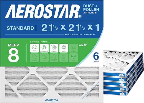 Aerostar 21 1/2x21 1/2x1 MERV 8 فلتر هواء مطوي عالي الكفاءة، 6 عبوات، استبدال فرن التيار المتردد الكهروستاتيكي، يلتقط الغبار وحبوب اللقاح ووبر الحيوانات الأليفة (21.5x21.5x0.75) in Kuwait