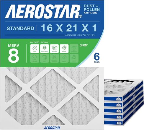 فلتر هواء مطوي عالي الكفاءة من Aerostar 16x21x1 MERV 8، 6 عبوات، استبدال فرن التيار المتردد الكهروستاتيكي HVAC، يلتقط الغبار وحبوب اللقاح ووبر الحيوانات الأليفة (15.875x20.875x0.75) in Kuwait