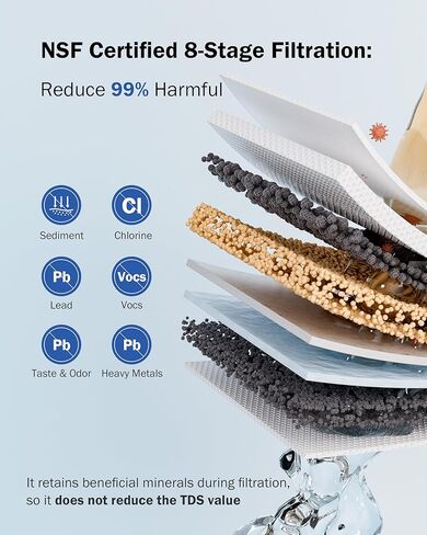 نظام فلتر مياه للكونترتوب Frizzlife DS99، فلتر مياه من الفولاذ المقاوم للصدأ معتمد من NSF 42&372 مكون من 8 مراحل لصنبور الحوض، فلتر 0.5 ميكرون يقلل 99.99% من الرصاص والكلور والمعادن الثقيلة والطعم السيئ والرائحة الكريهة in Kuwait