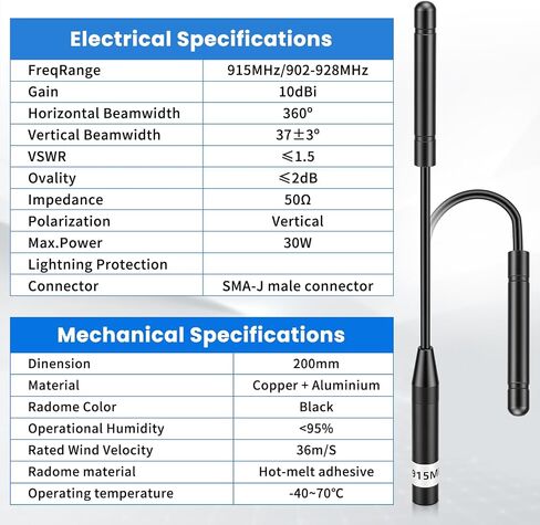 2Pcs Meshnology Meshtastic 915MHz LoRa Antenna 10dBi Gain - Whip Antenna 20cm Long Range SMA Male Omni Antenna, Black in Kuwait
