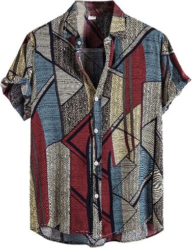 Vintage Shirts for Men Striped Short Sleeve Hawaiian Shirt Summer Button Down T Shirt Relaxed-Fit Casual Beach Tops in Kuwait