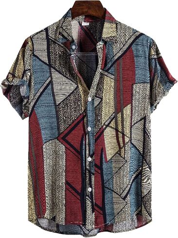 Vintage Shirts for Men Striped Short Sleeve Hawaiian Shirt Summer Button Down T Shirt Relaxed-Fit Casual Beach Tops in Kuwait