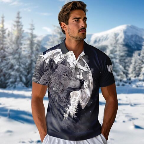 قمصان بولو Wolf Lovers Golf للرجال - قمصان بولو رجالي Mighty Wolf بأكمام قصيرة سلسلة ملائمة عادية 129 in Kuwait