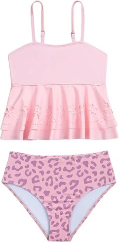 Girl's Two Piece Tankini Swimsuits Ruffle Cutout Bathing Suit High Waisted Tankini Sets in Kuwait