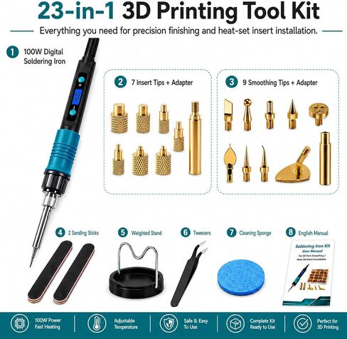 23-in-1 3D Print Finishing Tools with 100W Digital Soldering Iron Kit | Include M2-M8 Heat Set Insert Tips, 9 Smoothing Tool Tips, For Threaded Inserts, Plastic Welding & Surface Touch-Up in Saudi Arabia