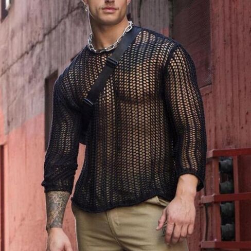 Men's Sheer Mesh See Through Tshirt Workout Gym Muscle Shirts Sexy Solid-Color Base Layer in Saudi Arabia