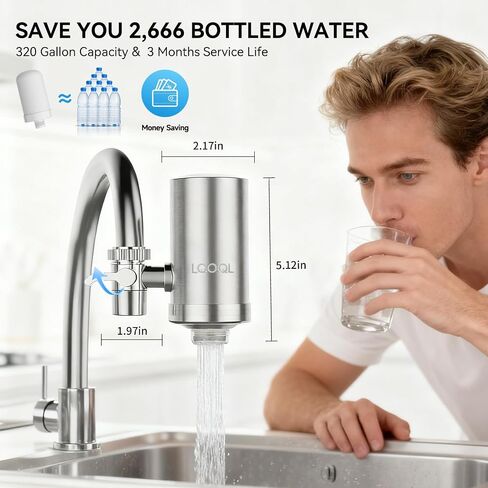 Water Filter for Sink Faucet, 304 Stainless Steel Water Purifier for Kitchen Sink, Reduces PFAS, Lead, Chlorine & Microplastics, 350 Gallons Long-Lasting for Kitchen & Bathroom, 2 Filters in Saudi Arabia