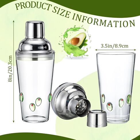 Olive Pattern Glass Cocktail Shaker 15oz, Decorative Martini Shaker with 304 Stainless Steel Lid, Single Serve Drink Mixer for Home Bar, Cocktail Lover Gift, Holiday Party Barware in Saudi Arabia