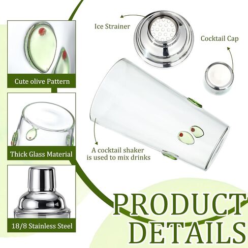 Olive Pattern Glass Cocktail Shaker 15oz, Decorative Martini Shaker with 304 Stainless Steel Lid, Single Serve Drink Mixer for Home Bar, Cocktail Lover Gift, Holiday Party Barware in Saudi Arabia
