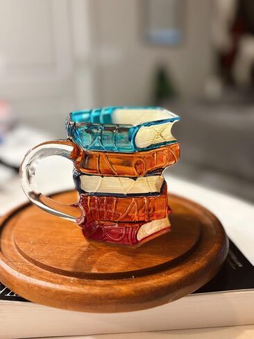 كوب زجاجي ثلاثي الأبعاد لكتاب الفصل، هدية عيد ميلاد للنساء، أكواب زجاجية ملونة بتصميم كومة، كوب قهوة للقراءة الفنية، هدايا أدبية فريدة من نوعها للنساء والأصدقاء والقراء، 7oz in Kuwait