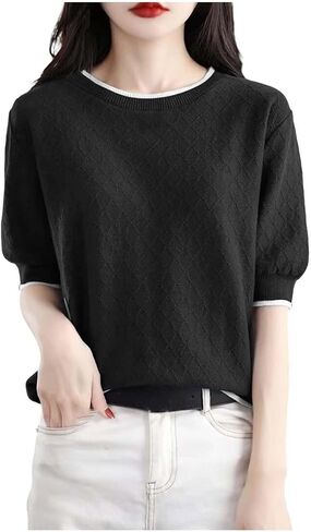 Women's Sweaters Casual Creweck Tops Short Sleeve Cotton Shirts Kint Summer Pullover Texture Sweater Top for Daily in Kuwait