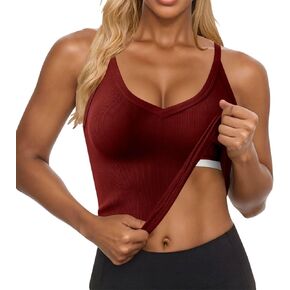 Womens Tank Tops Built in Bras Ribbed V Neck Racerback Padded Camisole Summer Casual Workout Yoga Slim Fit Undershirts in Kuwait