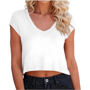 V Neck Crop T Shirts for Women Short Sleeve Loose Fit Basic Tees Lightweight Comfy Summer Casual Top in Saudi Arabia