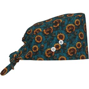 Retro Dark Sunflower Print Scrub Caps Women Men, Adjustable Nurse Cap Surgical Caps Scrub Hats for Women Men, Working Cap with Buttons for Hanging Face Masks in Kuwait