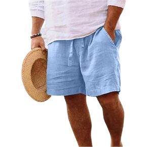 Mens Linen Shorts Slim Fit Elastic Waist Summer Vacation Beach Shorts Big and Tall Golf Yoga Short with Pockets in Kuwait