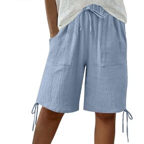 Summer Bermuda Shorts for Women Casual Linen Gauze Wide Leg Drawstring Shorts Beach Vacation Knee Length Short Pants in Kuwait