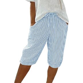 Summer Bermuda Linen Shorts for Women Drawstring Elastic High Waisted Striped Wide Leg Beach Shorts with Pockets in Kuwait