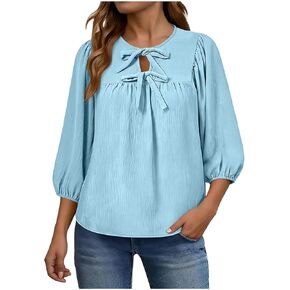 Womens Tops 3/4 Sleeves Blouse Babydoll Dressy Casual Top Elegant Bow Tie Loose Ladies Shirts Going Out Clothes in Kuwait