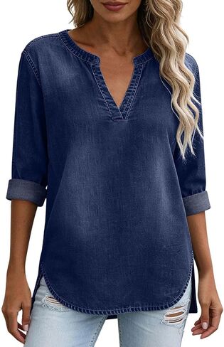 Denim Tops for Women Short Sleeve V Neck Jean Blouse Loose Fit Side Split Shirts Work Washed Distressed Shirt in Kuwait