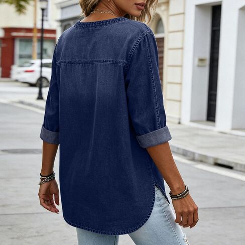 Denim Tops for Women Short Sleeve V Neck Jean Blouse Loose Fit Side Split Shirts Work Washed Distressed Shirt in Kuwait