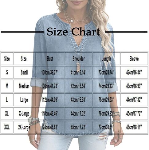 Denim Tops for Women Short Sleeve V Neck Jean Blouse Loose Fit Side Split Shirts Work Washed Distressed Shirt in Kuwait