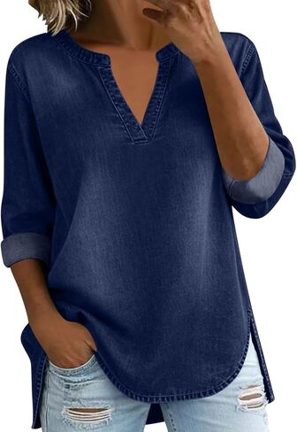 Denim Tops for Women Short Sleeve V Neck Jean Blouse Loose Fit Side Split Shirts Work Washed Distressed Shirt in Kuwait