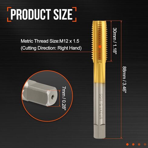 M12 x 1.5 Straight Flute Tap - M2 High Speed Steel Metric Right Hand Thread Tap Titanium Finish Screw Thread Milling Machine Taps Threading Tapping in Kuwait