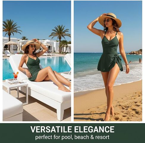 1 Pack Women's Dark Green One Piece Swimsuit Ruched V-Neck Halter Strappy Back with Metal Rings Skirted Swim Dress Side Tie High Slit Size M in Kuwait