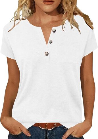 Womens Short Sleeve Henley T Shirt Crew Neck Button Down Loose Fit Top Business Casual Work Summer Tee in Saudi Arabia