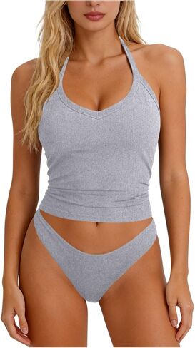 Tank Tops with Shelf Bra Women Ribbed Lightweight Halter Padded Camisole Summer Yoga Athletic Solid Sleeveless Cami in Saudi Arabia
