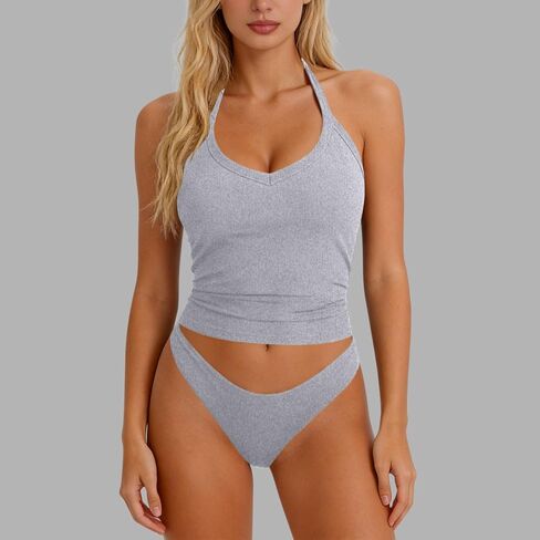 Tank Tops with Shelf Bra Women Ribbed Lightweight Halter Padded Camisole Summer Yoga Athletic Solid Sleeveless Cami in Saudi Arabia